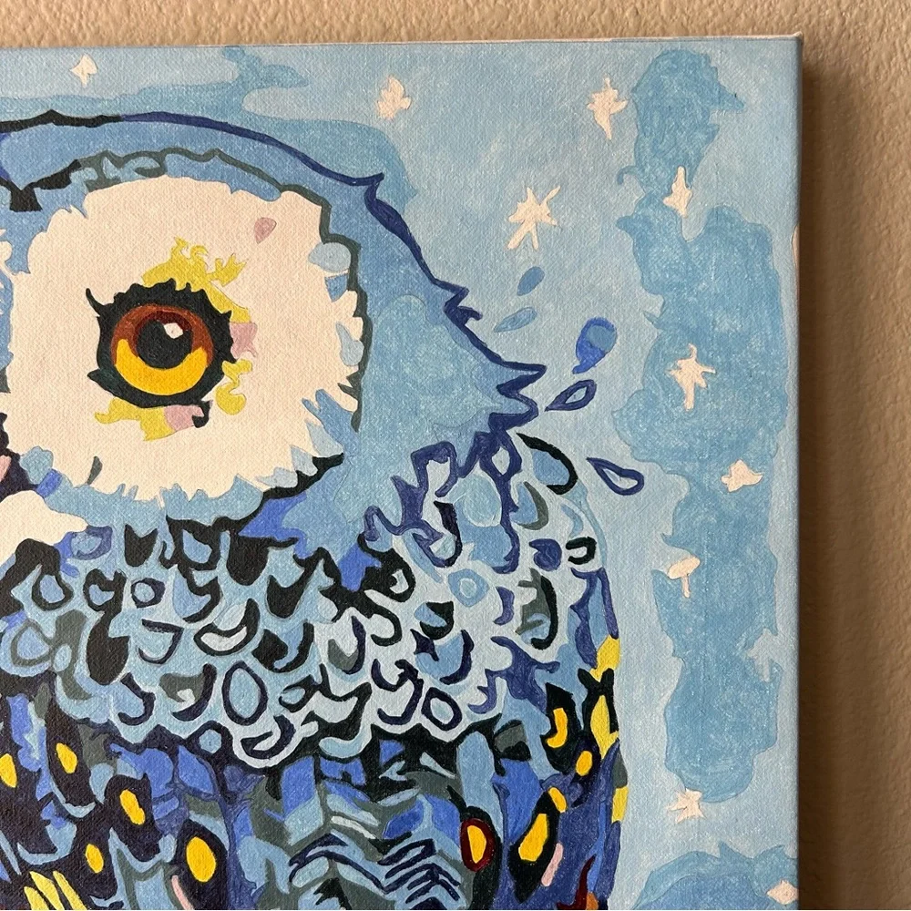 Canvas Oil Painting Blue Owl On Branch Paint by Numbers Stretched Wooden Frame - Picture 4 of 13